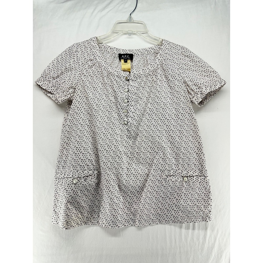 APC Rue Madame Paris Polka Dot Cotton Blouse XS Cream Gray Short Sleeve Top